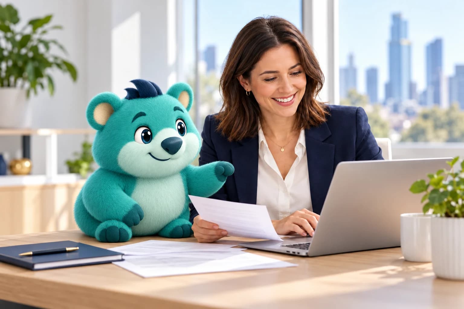 Illustrative campaign scene of a finance broker reviewing paperwork beside the 3D Fundwise sidekick Wiz