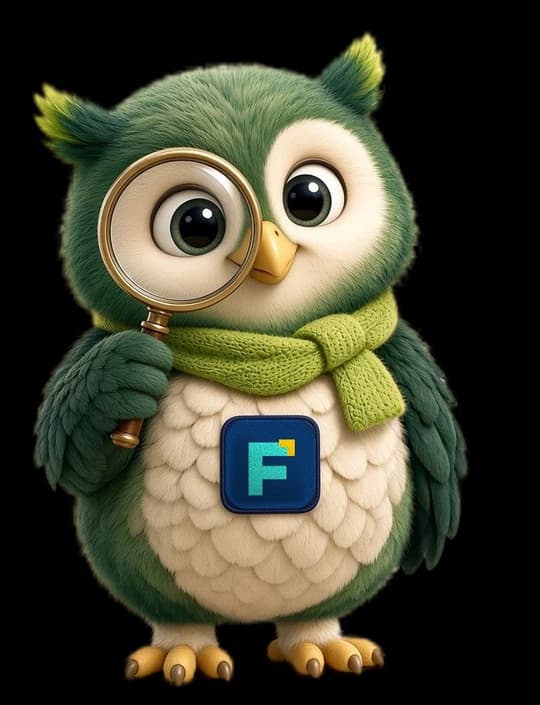 Wiz the owl peering through a magnifying glass