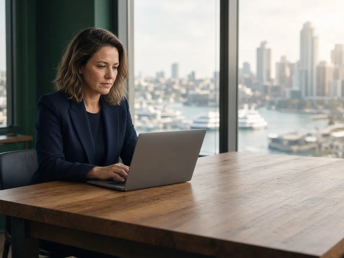 A finance broker working on a laptop at a timber desk in a Sydney office, harbour behind her